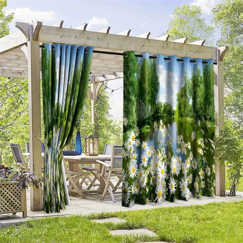 Aperturee Cute Daisy Lake Waterproof Printed Outdoor Curtains, W52in x L84in, 19.99 USD, printed outdoor curtains, S0D12042-S