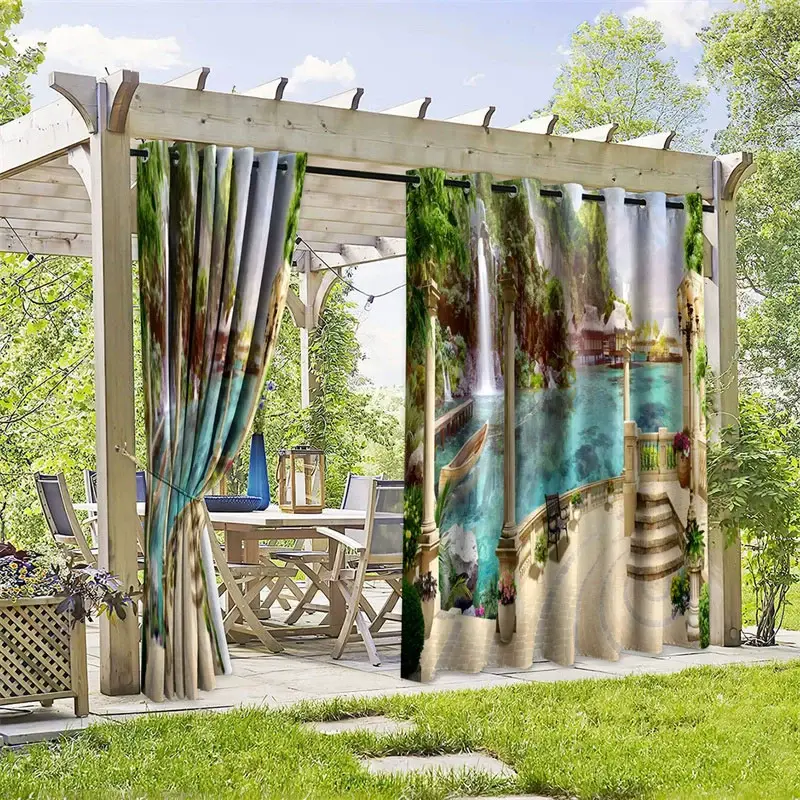 Aperturee Resort Scenery Waterproof Printed Outdoor Curtains, W52in x L84in, 87.43 USD, printed outdoor curtains, S0D12155-S