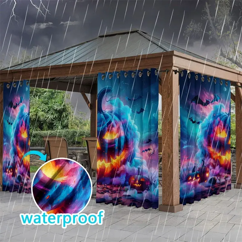 Aperturee Scary Pumpkin Waterproof Printed Outdoor Curtains, W52in x L84in, 87.43 USD, printed outdoor curtains, S0D12159-S