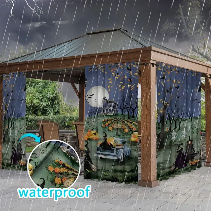 Aperturee Graveyard Pumpkin Waterproof Printed Outdoor Curtains, W52in x L84in, 87.43 USD, printed outdoor curtains, S0D12206-S