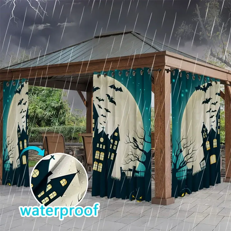 Aperturee Moon Castle Bats Waterproof Printed Outdoor Curtains, W52in x L84in, 87.43 USD, printed outdoor curtains, S0D12243-S
