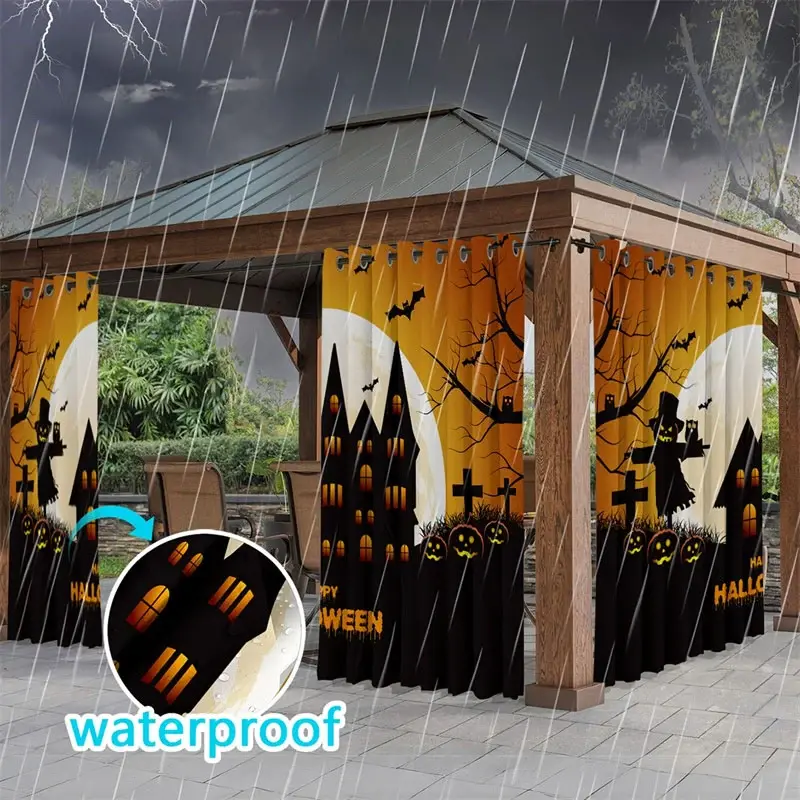 Aperturee Castle Moon Bat Waterproof Printed Outdoor Curtains, W52in x L84in, 87.43 USD, printed outdoor curtains, S0D12257-S