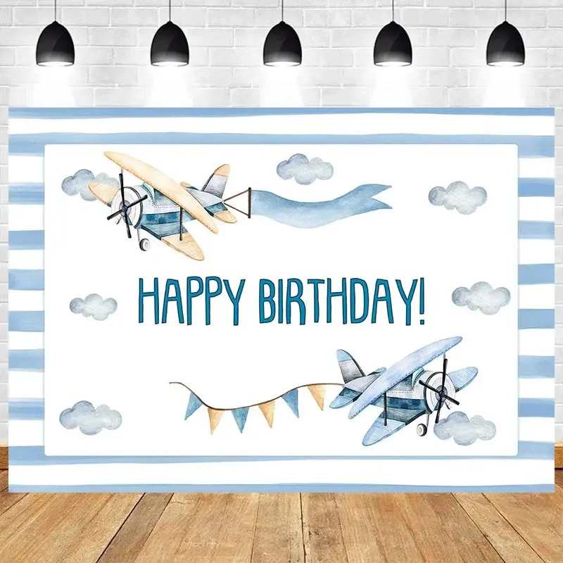 Aperturee Cartoon Blue Sky Airplane Happy Birthday Backdrop, White Clouds Party Decor, Kids Photo Prop, 5x3ft (