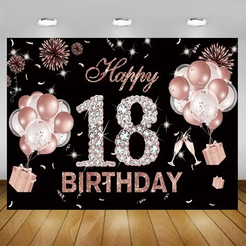 Aperturee Elegant Balloons Glitter Happy 18th Birthday Backdrop, Sparkle Diamonds, Womens Party Decor, 5x3ft (