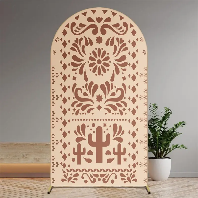 Aperturee Boho Fiesta Arch Backdrop with Cactus and Otomi Inspired Pattern, Terracotta Color, Mexican Folk Art Party Decor, 1.6x4ft (50x120cm)