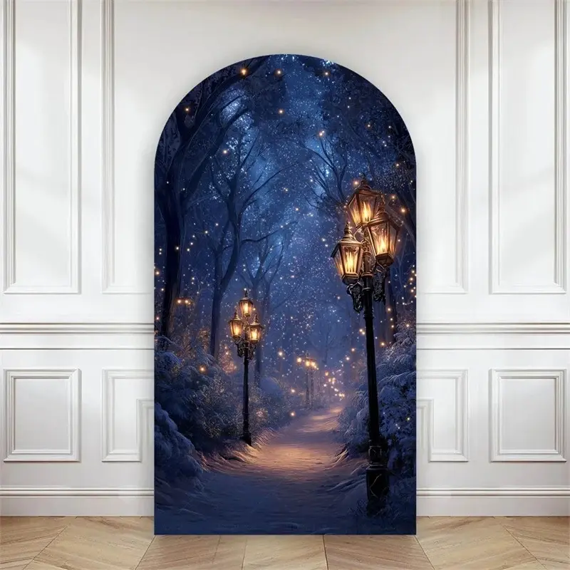 Aperturee Arch Backdrop Winter Night Street Lamp Snow Cover Photo Background