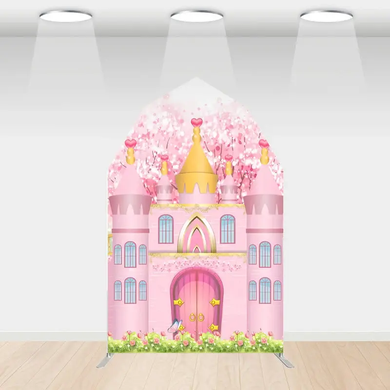 Aperturee Pink Fairy Princess Castle Barn Door Arch Backdrop, 5 x 7 ft, 214 USD, barn door arch backdrops, WYGD5L22-CJ