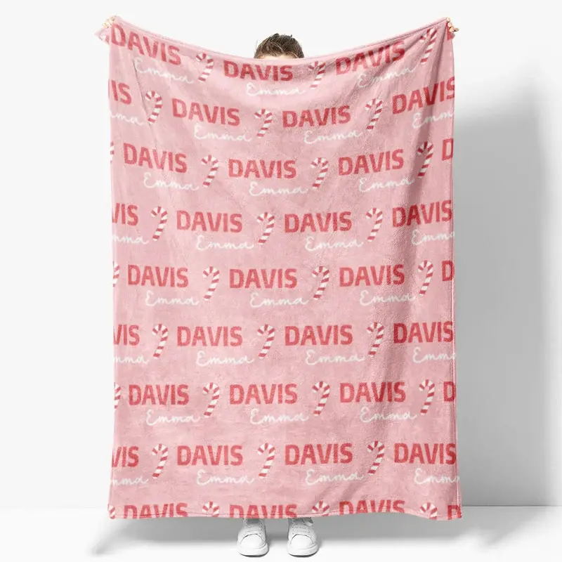 Aperturee Personalized Christmas Candy Cane Blanket with Custom Name, Holiday Decor Throw for Kids, Pink Xmas Gift, 30x40in (WxH)