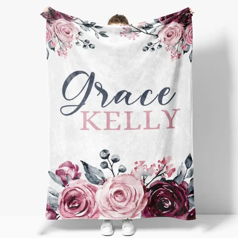 Aperturee Personalized Name Blanket for Girl, Custom Baby Blanket with Maroon Rose, Pink Floral Nursery Decor Swaddle