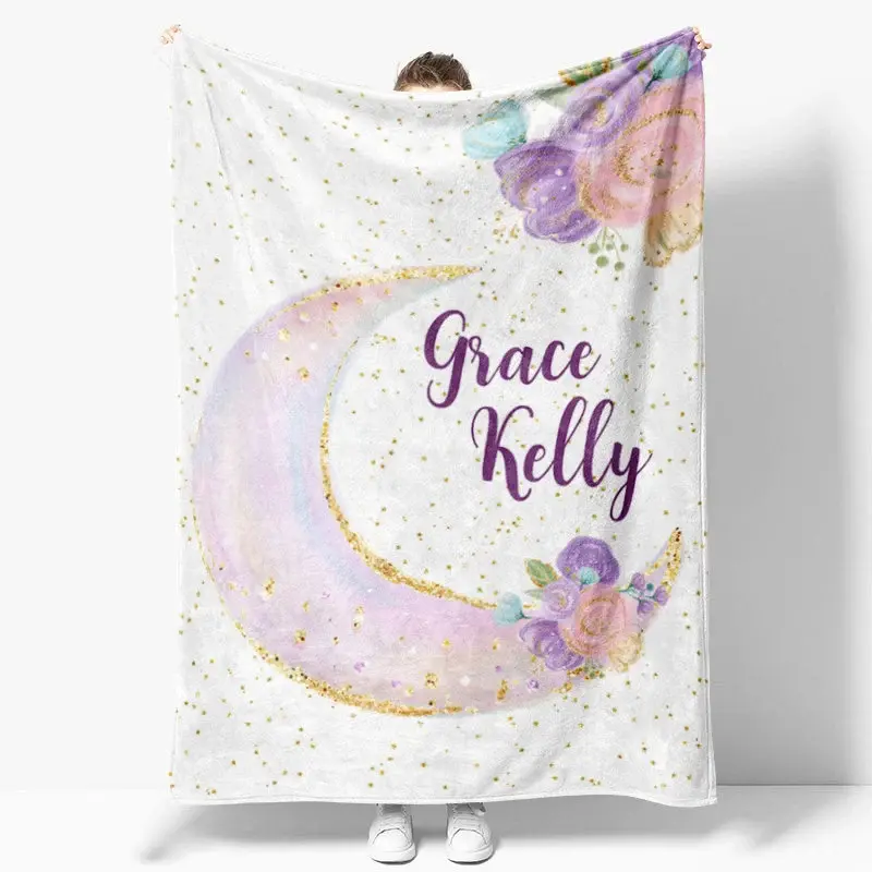 Aperturee Personalized Name Blanket for Girl, Custom Moon and Stars, Pastel Floral Nursery Decor Swaddle