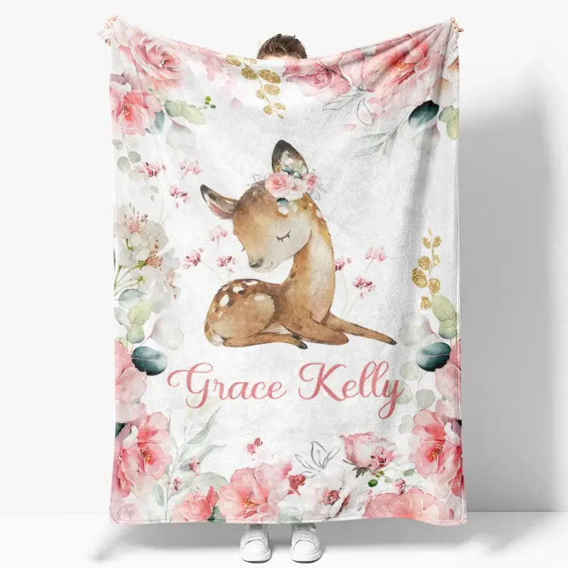 Aperturee Personalized Name Blanket for Girl, Custom Baby Blanket with Fawn, Pink Rose Floral Woodland Nursery Decor