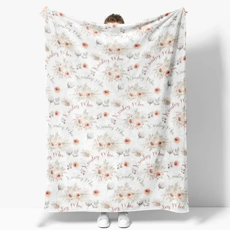 Aperturee Personalized Baby Blanket with Name Boho Pink Floral Rose Pattern Swaddle Custom Girl Nursery Bedding Gift