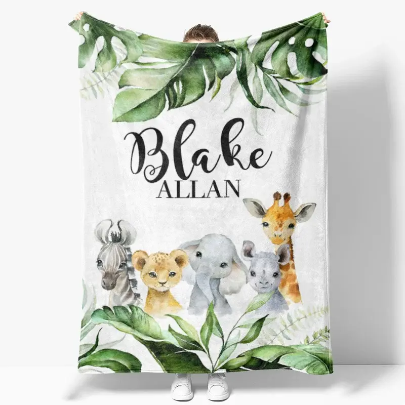 Aperturee Personalized Baby Blanket Jungle Safari Custom Name Green Leaves Animals Swaddle Newborn Boy Nursery Decor