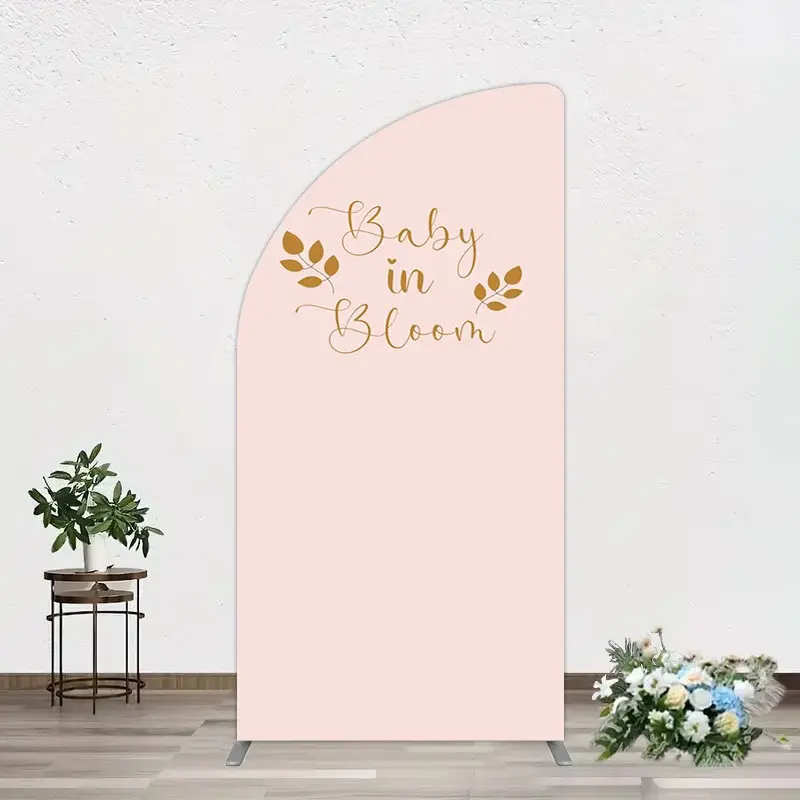 Aperturee Sweet Pink Boho Leaves Baby Shower Half Moon Arch Backdrop, 1.6 x 4 ft (0.5 x 1.2 m), 98.18 USD, arch backdrop kit, XQGD1X57YL-AJ
