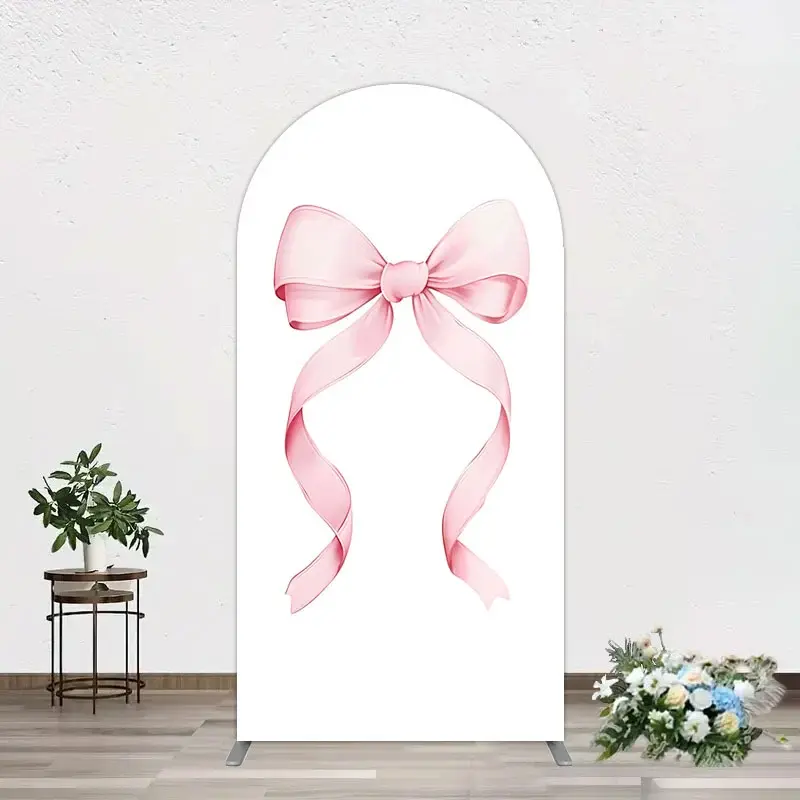 Aperturee Pink Bow White Birthday Party Arch Backdrop, 1.6 x 4 ft (0.5 x 1.2 m), 98.18 USD, arch backdrop kit, XQGD1X72-AJ