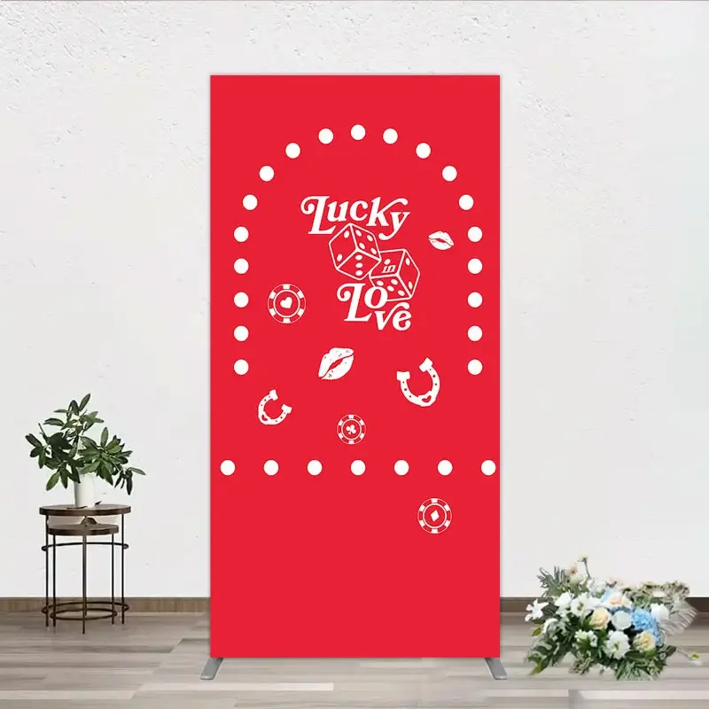Aperturee Lucky In Love Las Vegas Wedding Rectangle Backdrop, Red Casino Theme Bridal Shower Party Cover