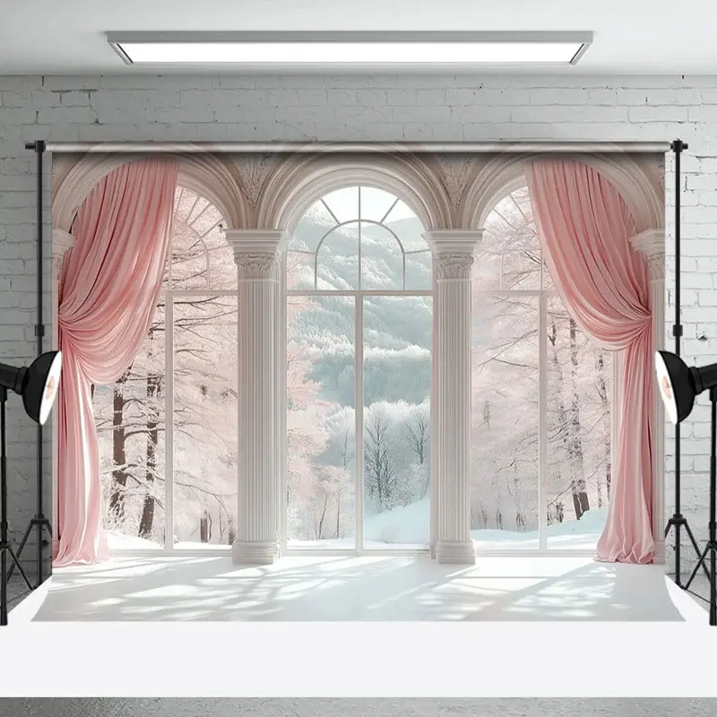 Aperturee Pink Curtain Forest White Arch Window Photo Backdrop | Winter Onederland Backdrop | Winter Photo Backdrop | Winter Wonderland Photo Backdrop