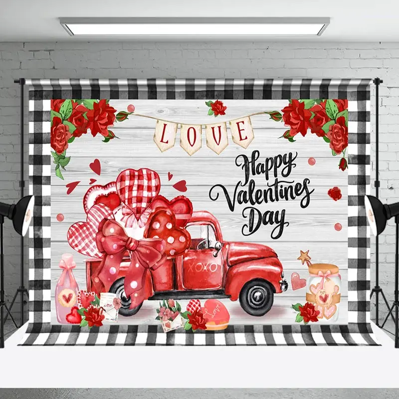 Aperturee Romantic Rose Red Truck Wood Valentines Day Backdrop | Valentines Day Photo Backdrop | Valentine'S Day Backdrops | Valentine Photo Backdrop