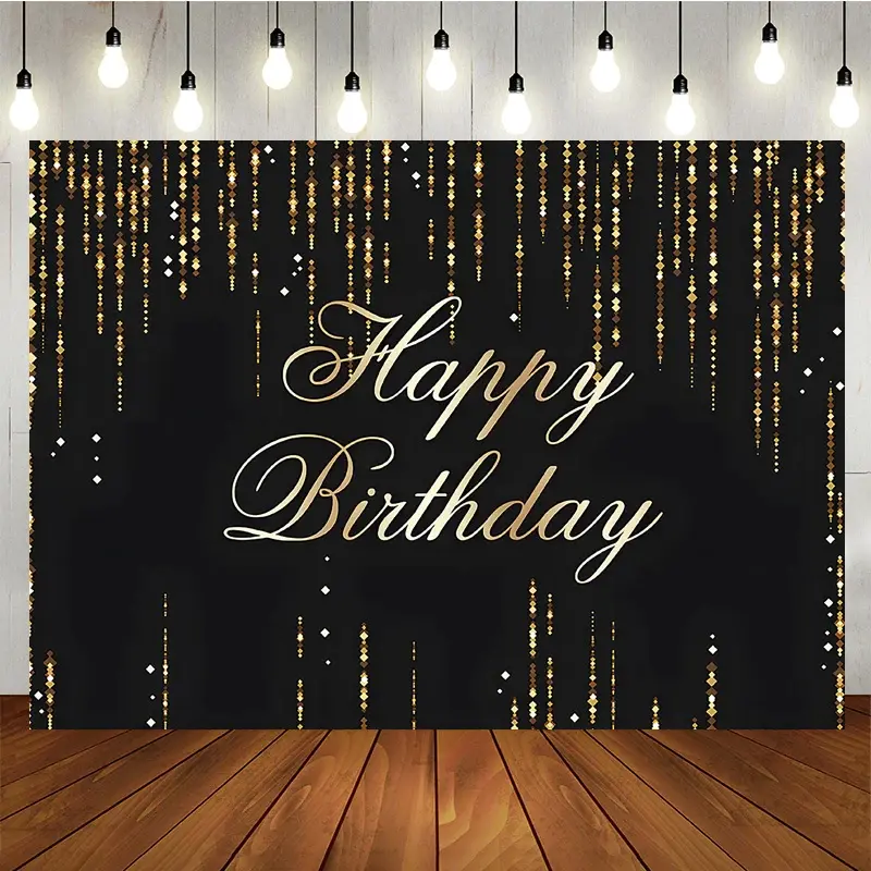 Aperturee Black and Gold Glitter Happy Birthday Backdrop, Shining Sequin Rain Photography Background, Luxury Portrait Prop
