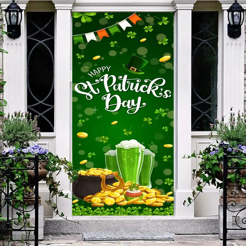 Aperturee Bokeh Green Clover Gold Beer St Patrick Door Cover | House Front Door Cover | Unique Door Decorations | Door Decoration Ideas For Home