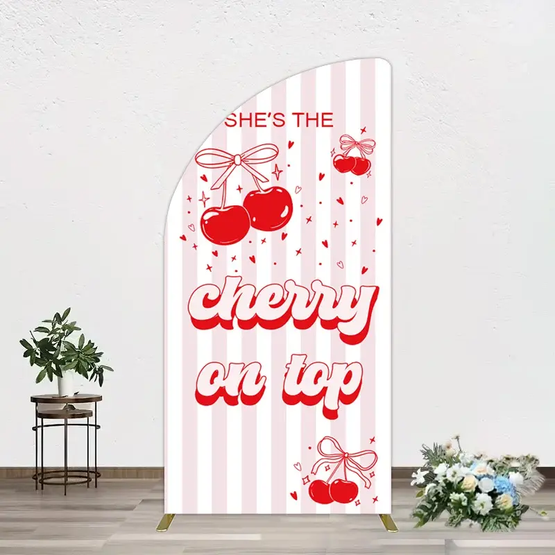 Aperturee Pink Red Cherry On Top Stripe Birthday Half Moon Arch Backdrop, 1.6 x 4 ft (0.5 x 1.2 m), 98.18 USD, arch backdrop kit, YMGD1Z51YL-AJ