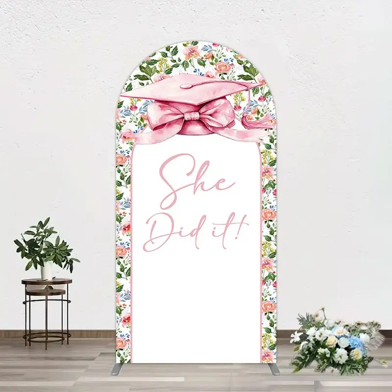 Aperturee Floral Pink Bachelor Cap She Did It Grad Arch Backdrop, 1.6 x 4 ft (0.5 x 1.2 m), 98.18 USD, arch backdrop kit, YMGD1Z81-AJ