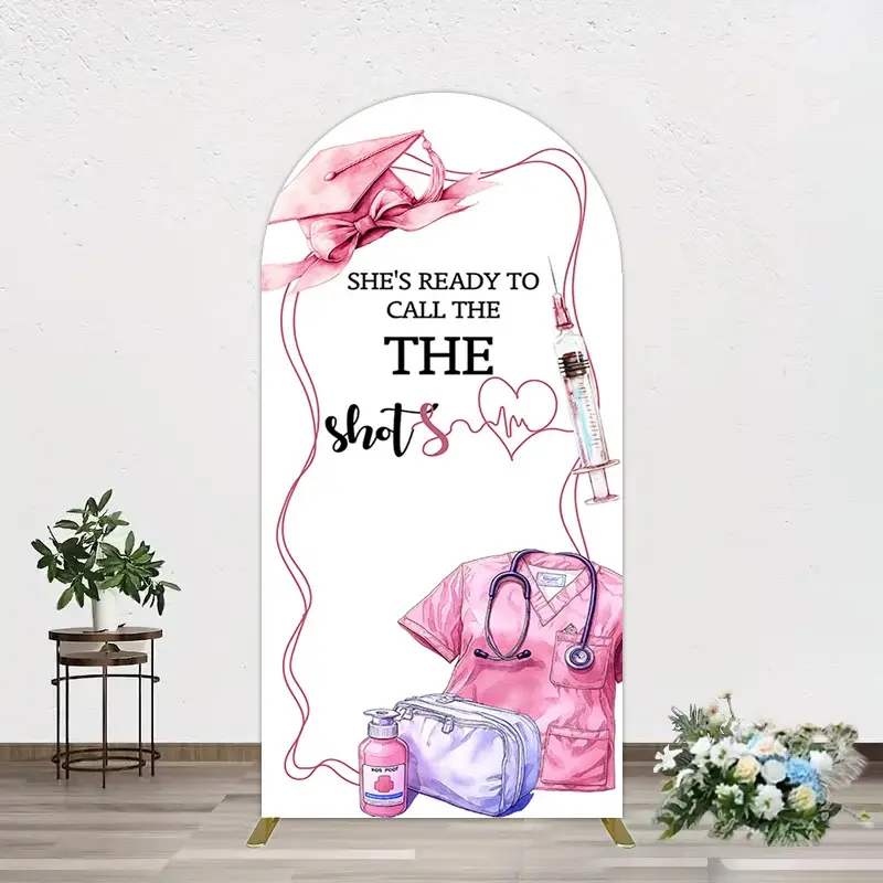Aperturee Pink Ready To Call The Shots Nurse Grad Arch Backdrop, 1.6 x 4 ft (0.5 x 1.2 m), 98.18 USD, arch backdrop kit, YMGD1Z83-AJ