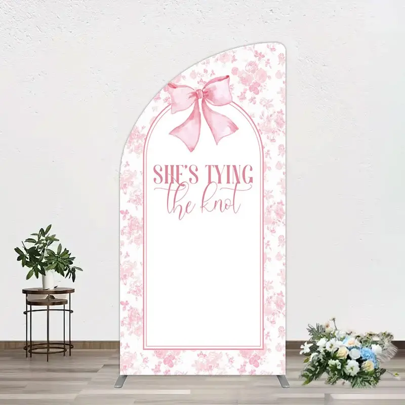 Aperturee Pink Bow Shes Tying The Knot Bridal Shower Half Moon Arch Backdrop, 1.6 x 4 ft (0.5 x 1.2 m), 98.18 USD, arch backdrop kit, YMGD2Z77YL-AJ