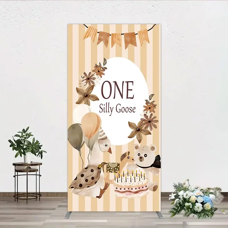 Aperturee One Silly Goose First Birthday Rectangle Backdrop, Farm Themed Party with Goose and Bear, Rustic Storybook Decor Prop, 1.6x4ft (50x1