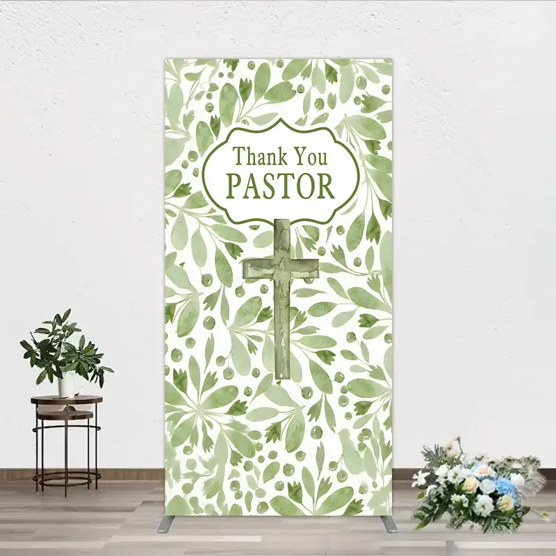 Aperturee Thank You Pastor Rectangle Backdrop, Greenery Christian Cross Theme, Church Appreciation Day and Holiday Event Decor, 1.6x4ft (50x120cm),