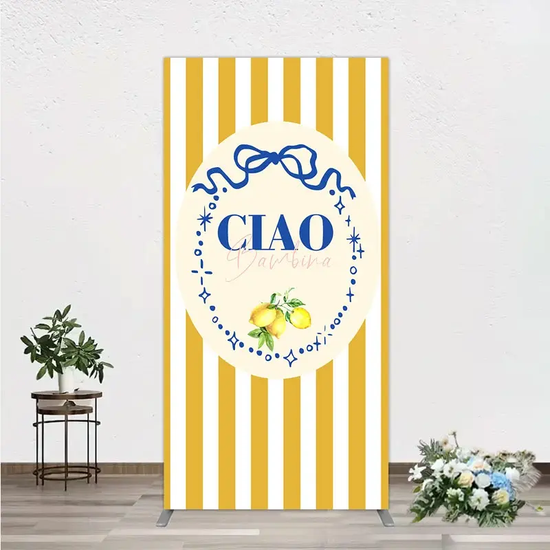 Aperturee Ciao Bambina Italian Themed Rectangle Backdrop for Baby Shower, Lemon and Blue Bow with Yellow Stripes, Positano Decor, 1.6x4ft (50x120cm)