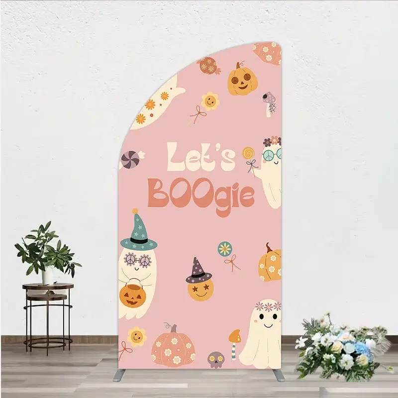 Aperturee Let's Boogie Groovy Halloween Half Moon Arch Backdrop, Cute Retro Ghost and Pumpkin, Pink Spooky Themed Party Decor, 1.6x4ft (50x120cm)