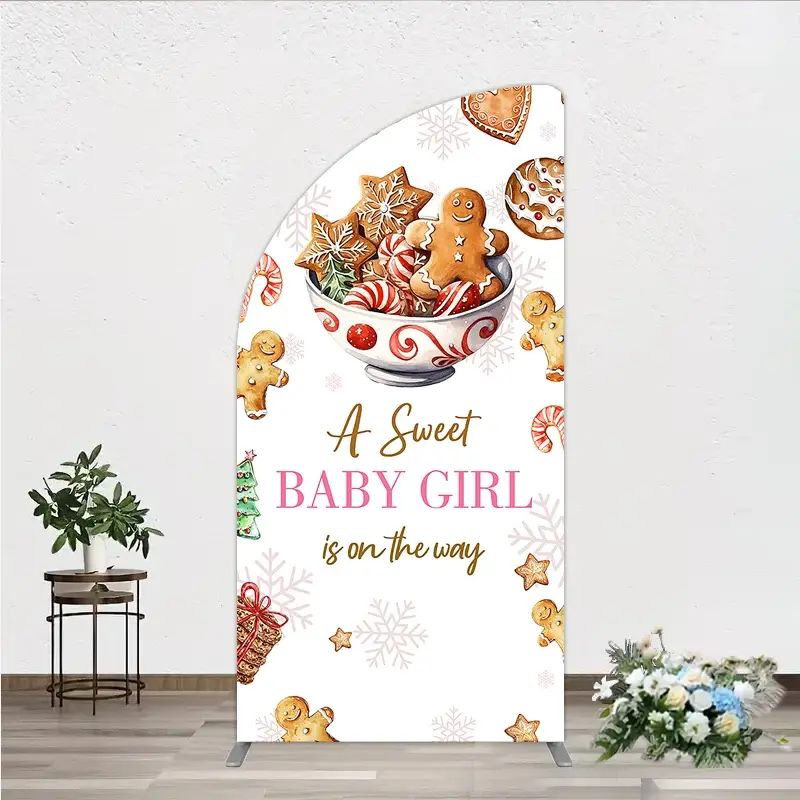 Aperturee A Sweet Baby Girl is on the Way Half Moon Arch Backdrop, Christmas Gingerbread Cookie, Winter Holiday Baby Shower Decor, 1.6x4ft (50x120cm)