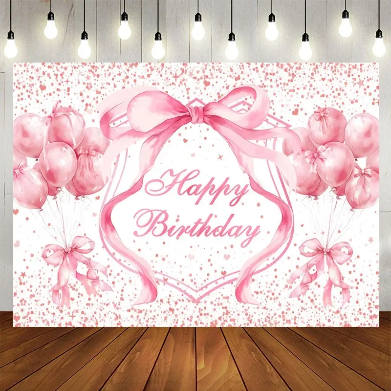 Aperturee Fairy Pink Balloons Bow Dots Happy Birthday Backdrop, 5X3FT(1.5X1M), 15.07 USD, birthday backdrops, YMHD0Z51-E