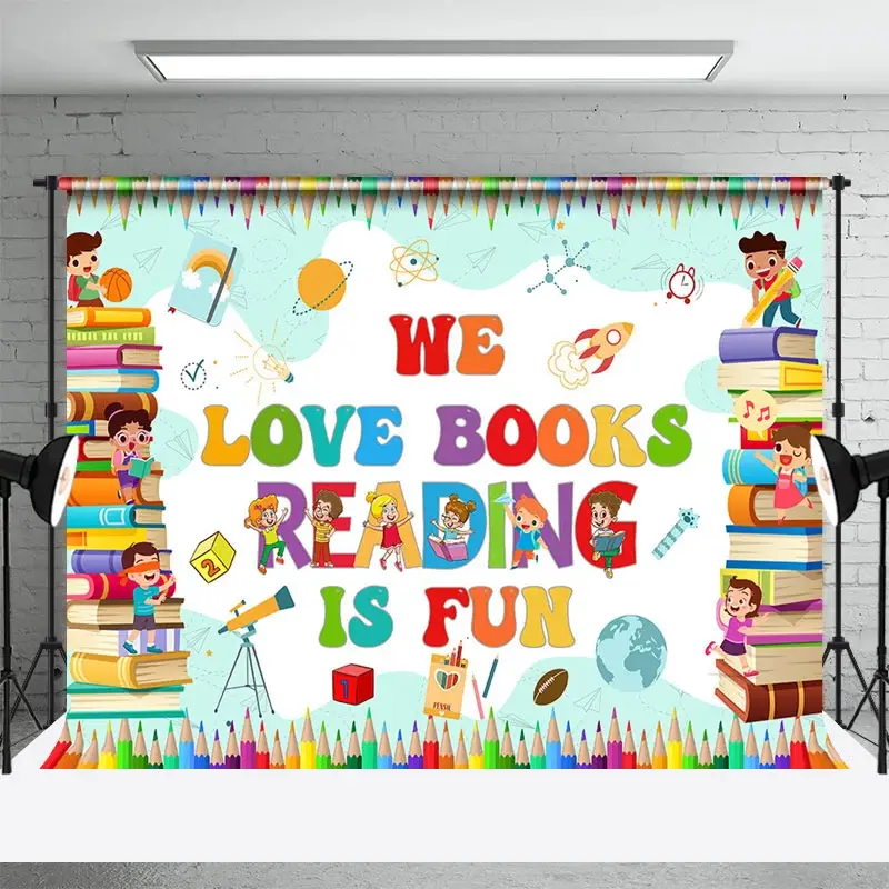 Aperturee Love Reading Pencils Cartoon World Book Day Backdrop, 3X2FT(1MX0.6M), 14 USD, world book day backdrops, YMHD1Z17-M