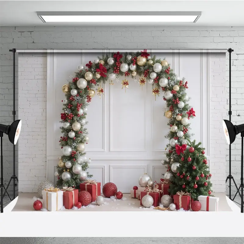 Aperturee Christmas Balloon Arch Backdrop, Red Gold Silver Ornaments Decor, White Wall Holiday Photo Props