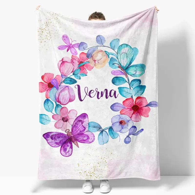 Aperturee White Floral Gold Glitter Custom Name Baby Blanket | Designable Blankets With Name | Custom Blanket With Name | Custom Baby Blankets