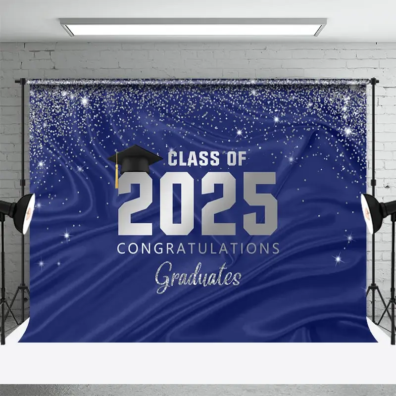 Aperturee Navy Silver Gold Glitter Congratulations Grad Backdrop, 3X2FT(1MX0.6M), 14 USD, graduation backdrops, YZHD1P89-M