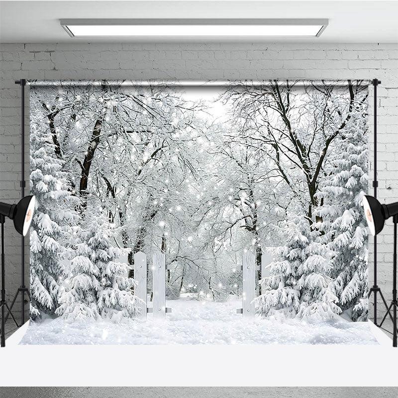 Aperturee Winter Snow Forest Photography Backdrop, White Gate to an Enchanted Woods, Magical Holiday Photo Background, 3x2ft (WxH)