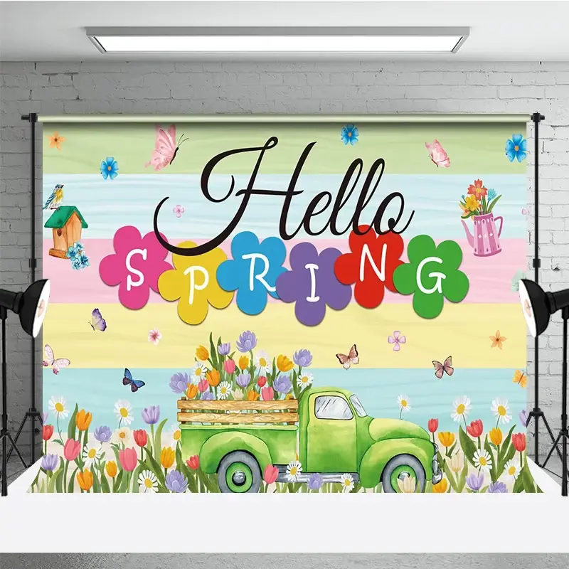 Aperturee Hello Spring Backdrop Green Truck with Colorful Tulips and Butterfly Background, Professional Studio Nature Prop
