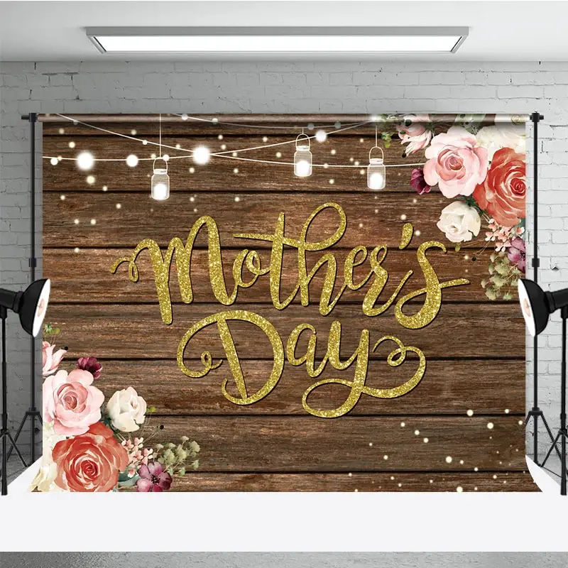 Aperturee Rustic Mother's Day Backdrop, Professional Wood and String Lights Studio Background