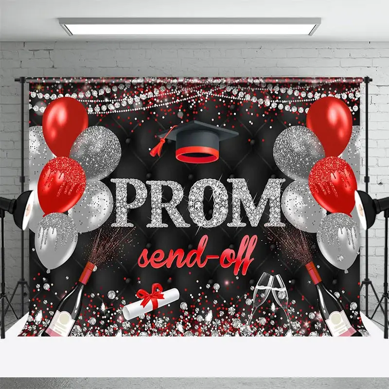 Aperturee Black Red Silver Glitter Balloon Prom Send Off Backdrop, 3X2FT(1MX0.6M), 14 USD, graduation backdrops, ZH0G878-M
