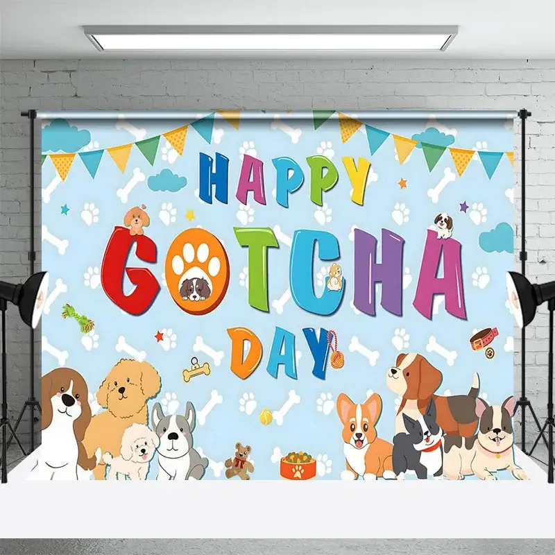 Aperturee Blue Bone Pet Colorful Happy Gotcha Day Backdrop, 3X2FT(1MX0.6M), 14 USD, commemorative backdrops, ZH0G890-M