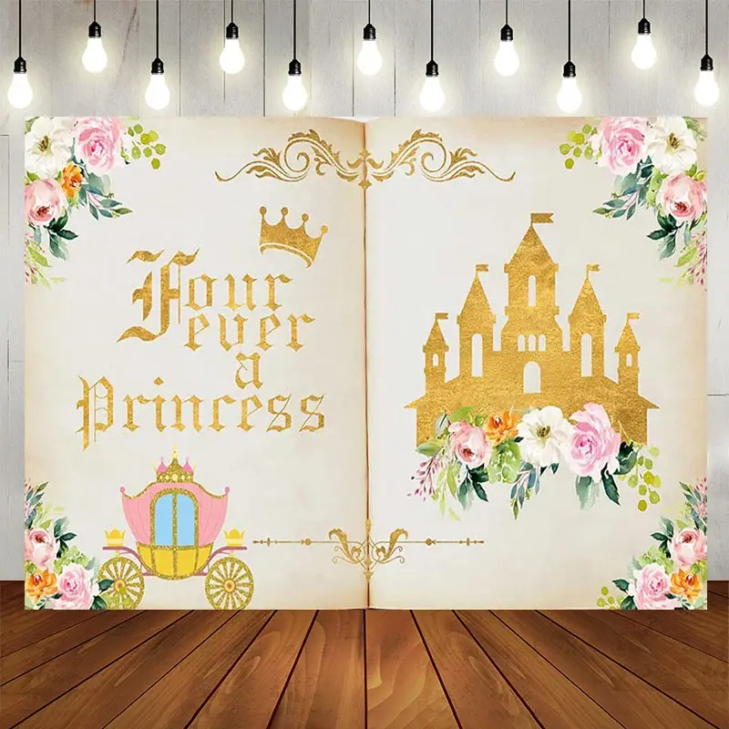 Aperturee Fairytale Book Four Ever A Princess Birthday Backdrop, 5X3FT(1.5X1M), 15.07 USD, birthday backdrops, ZHF676A-E