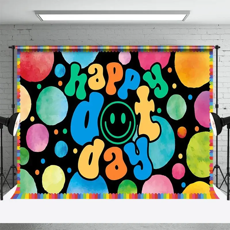 Aperturee Groovy Smiley Face Colorful Happy Dot Day Backdrop, 3X2FT(1MX0.6M), 14 USD, commemorative backdrops, ZHF744A-M