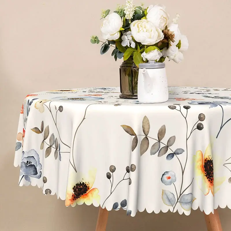 Aperturee Colorful Floral Round Tablecloth with Green Leaves, for Vibrant Spring and Summer Kitchen Dining Decor, Diameter 48inch