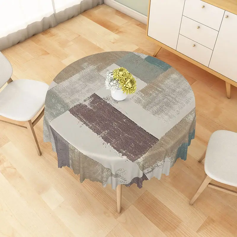 Aperturee Modern Patchwork Round Tablecloth in White, Brown, and Gray, for Neutral and Farmhouse Decor, Diameter 48inch
