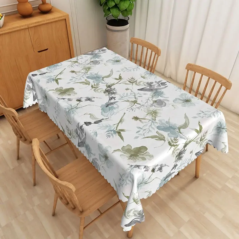Aperturee Green and Blue Floral Ink Painting Rectangle Tablecloth, for Artistic and Abstract Botanical Dining Decor, 52x70in (WxH)