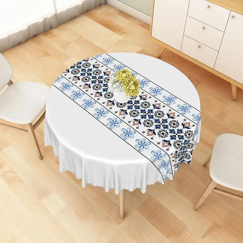 Aperturee Blue and Black Geometric Floral Runner Round Tablecloth, Professional Minimalist Design Table Cover for Studio