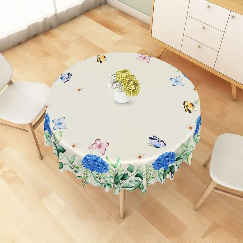 Aperturee Blue Hydrangea Floral and Butterflies Round Tablecloth, Professional Botanical Studio Background for Table